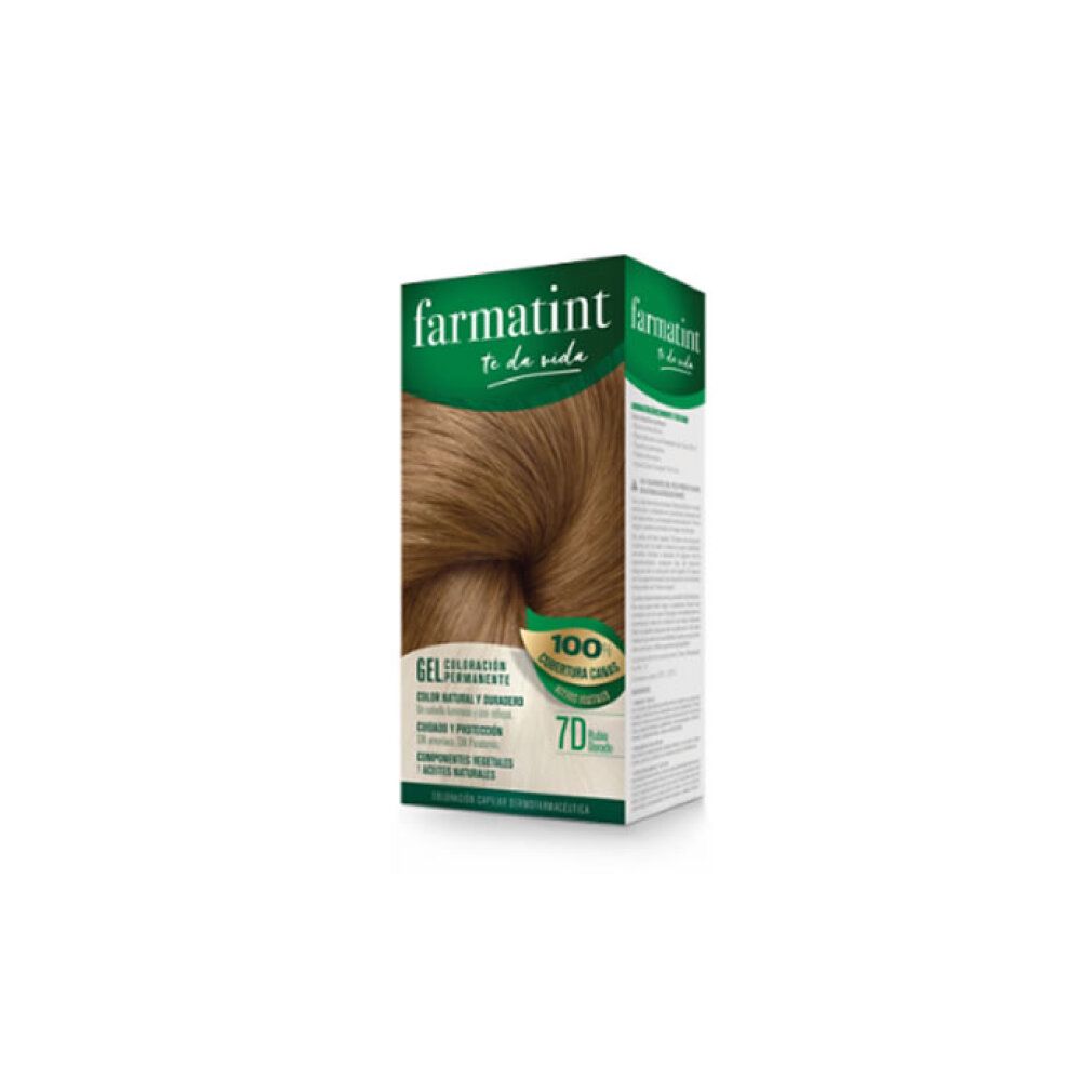 Scatola di tintura per capelli Farmatint con immagine di ciocca, tonalità 7D Biondo Chiaro, formula gel.