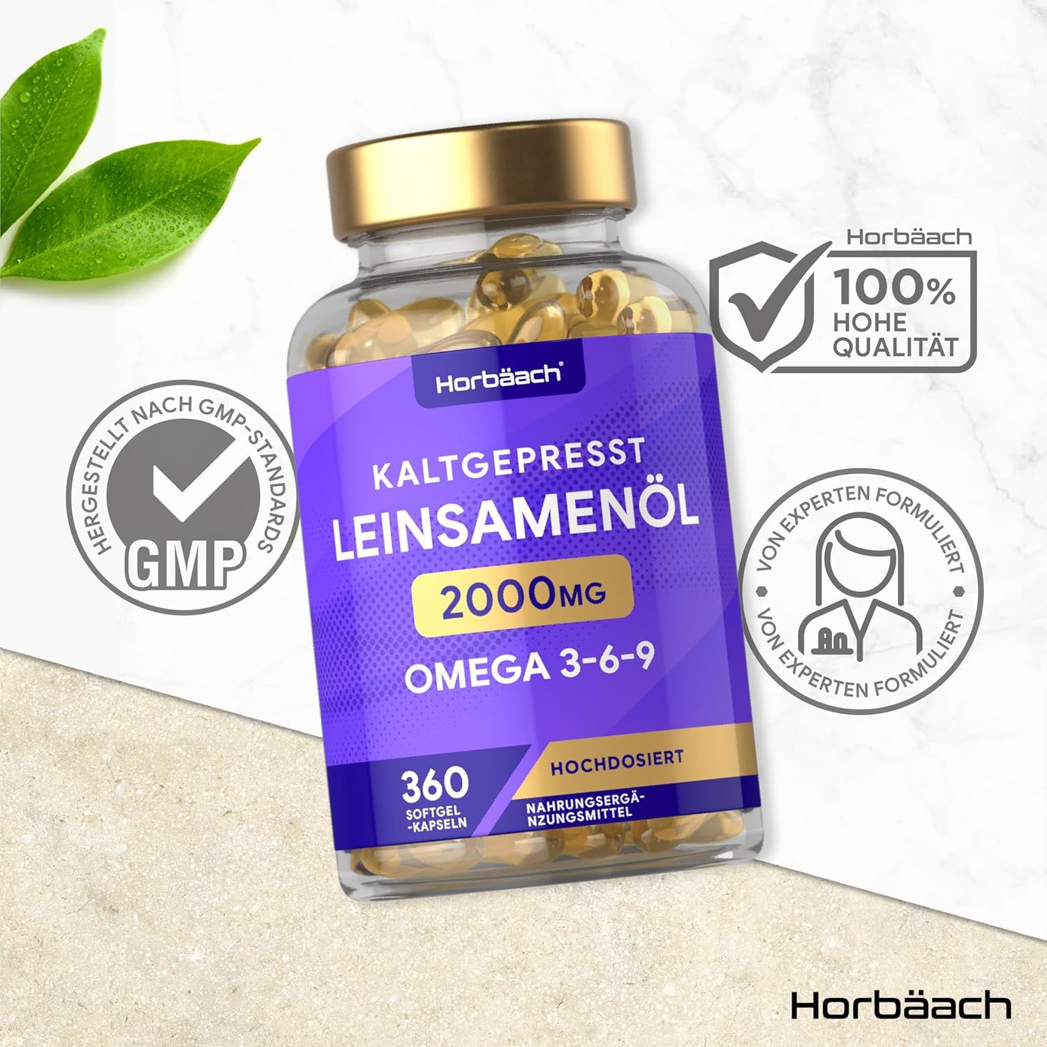 Flacone di capsule. Scritto: Olio di semi di lino spremuto a freddo 2000mg Omega 3-6-9. 360 capsule molli. Certificazione GMP, 100% alta qualità.