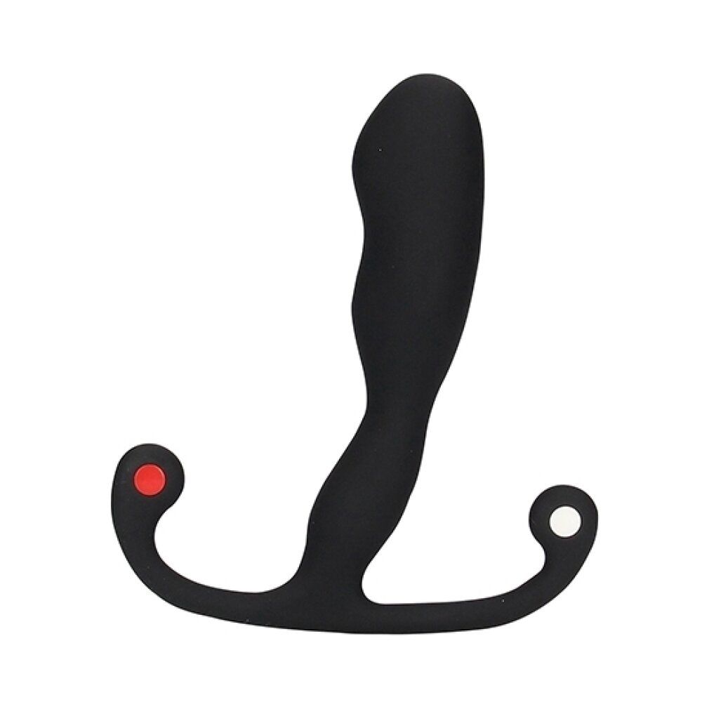 Prodotto benessere nero a forma di T. Un'estremità con bottone rosso, l'altra bianca. Progettato per uso intimo.