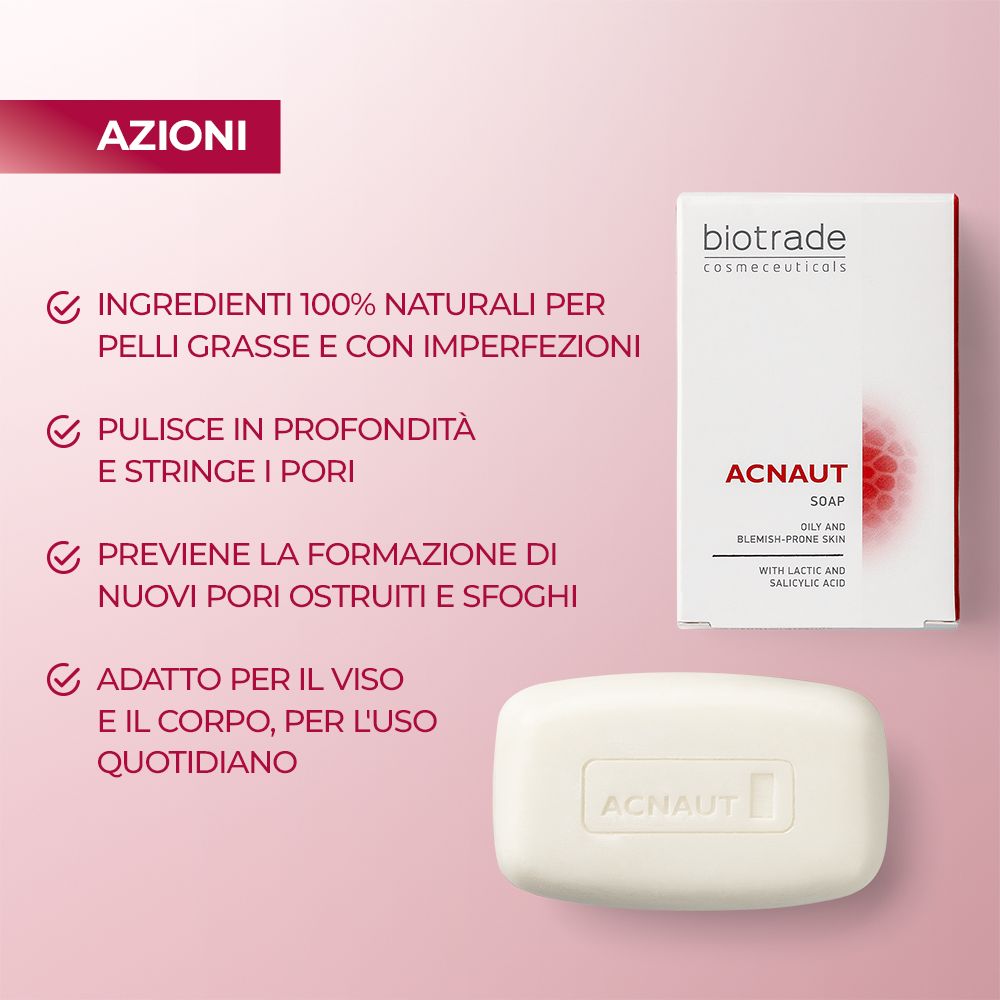 Sapone e confezione. Sapone rettangolare con 'ACNAUT' in rilievo. Confezione con logo e informazioni sul prodotto.