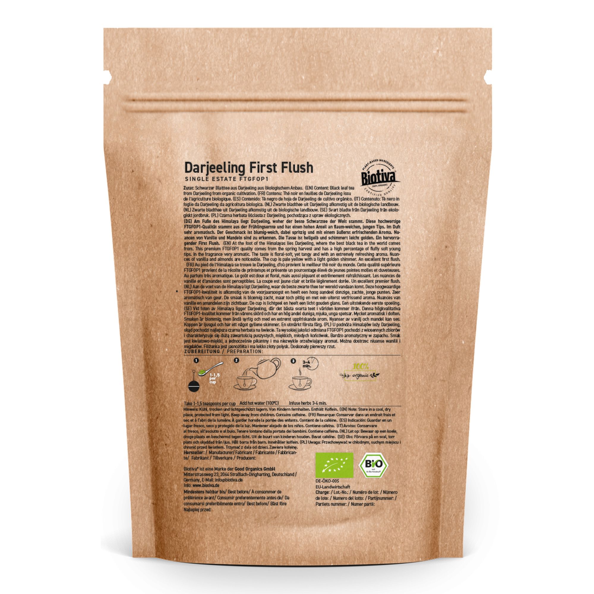 Sacchetto di carta marrone con informazioni sul prodotto. Testo: Darjeeling First Flush, Biotiva, certificazione biologica, istruzioni.