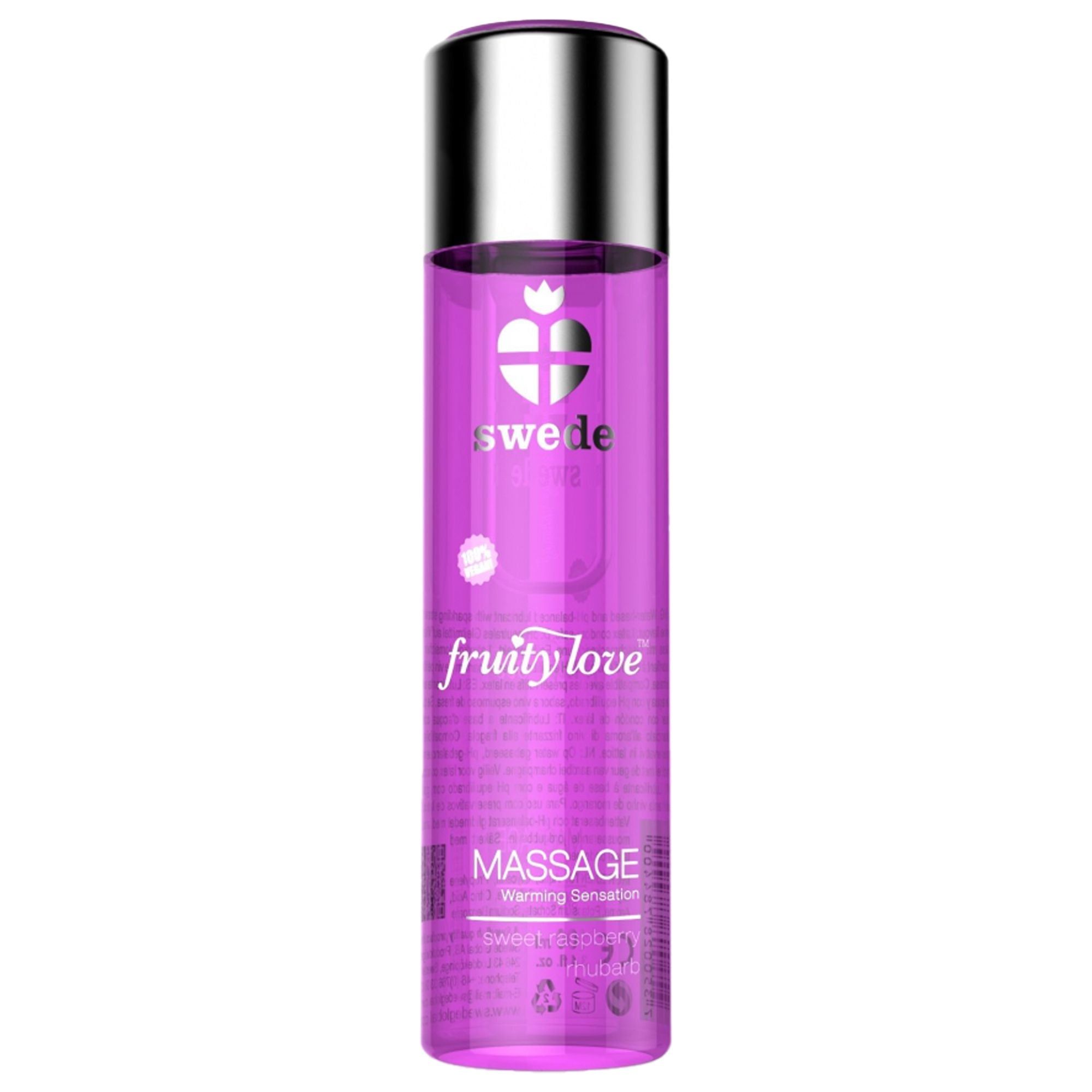 Flacone viola con tappo argentato. Testo: Swede, fruity love, Massage. Scritta: Warming Sensation.