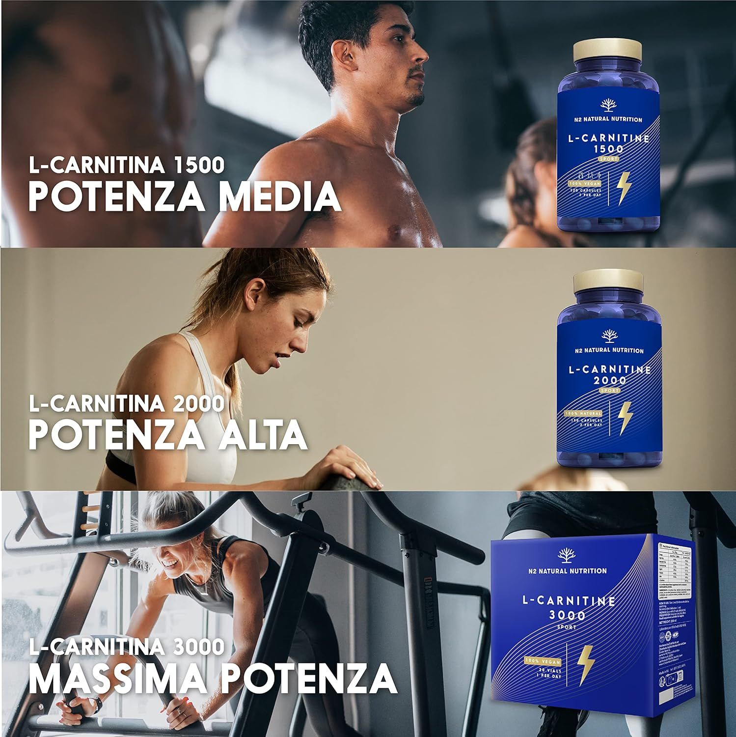 Tre immagini. L-Carnitina 1500, Potenza Media. L-Carnitina 2000, Potenza Alta. L-Carnitina 3000, Massima Potenza.