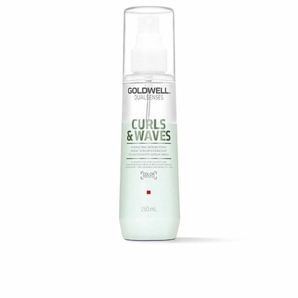Flacone spray per capelli con tappo bianco. Scritta: Goldwell Dualsenses Curls & Waves. Scrittura verde. 150ml.
