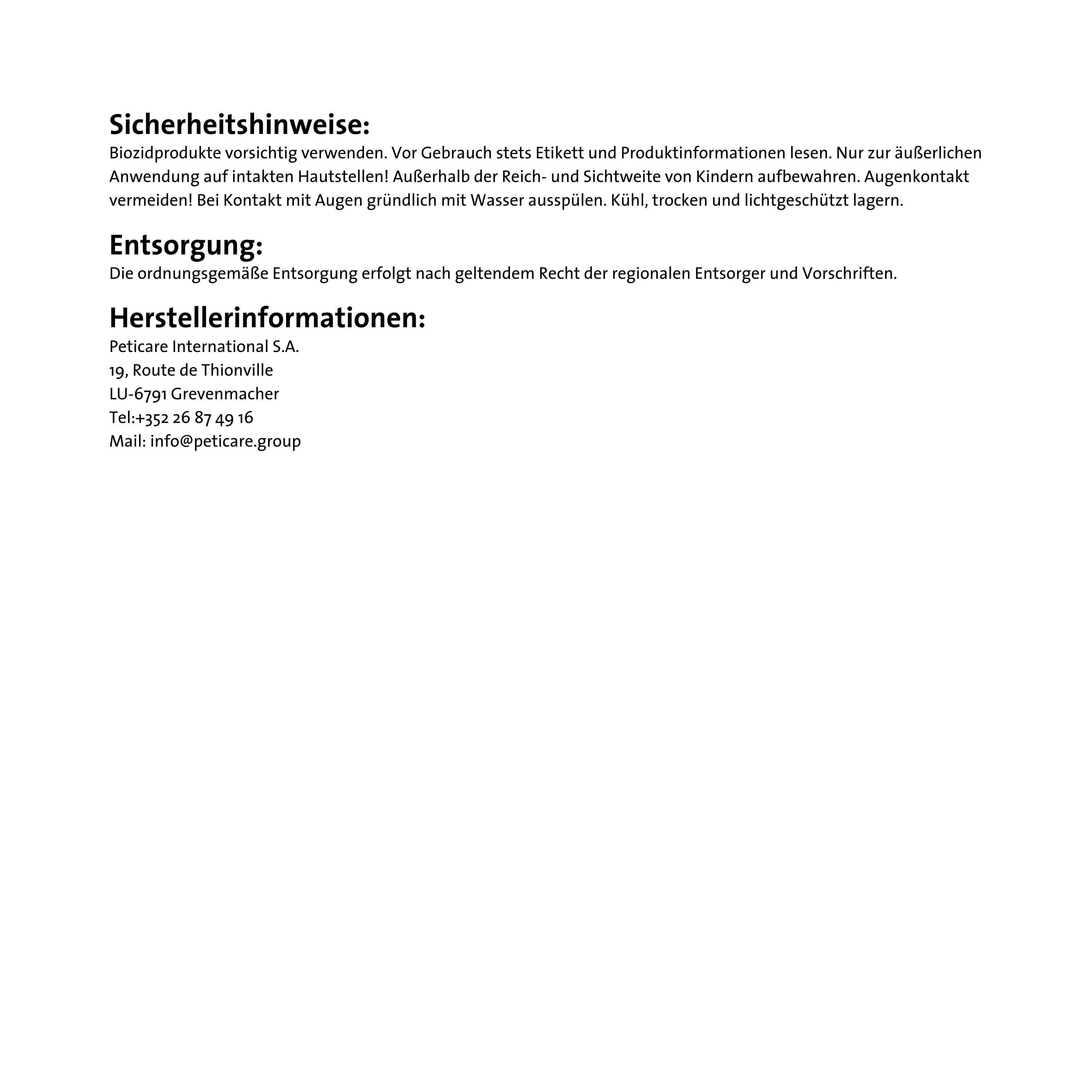 Istruzioni di sicurezza e informazioni del produttore. Testo su sfondo bianco. Indirizzo e recapiti di Peticare International S.A.