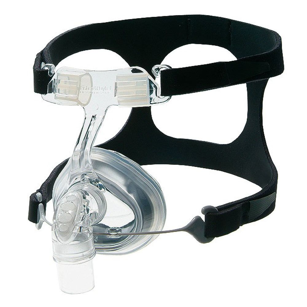 Maschera nasale CPAP trasparente con fascia nera e clip regolabili.