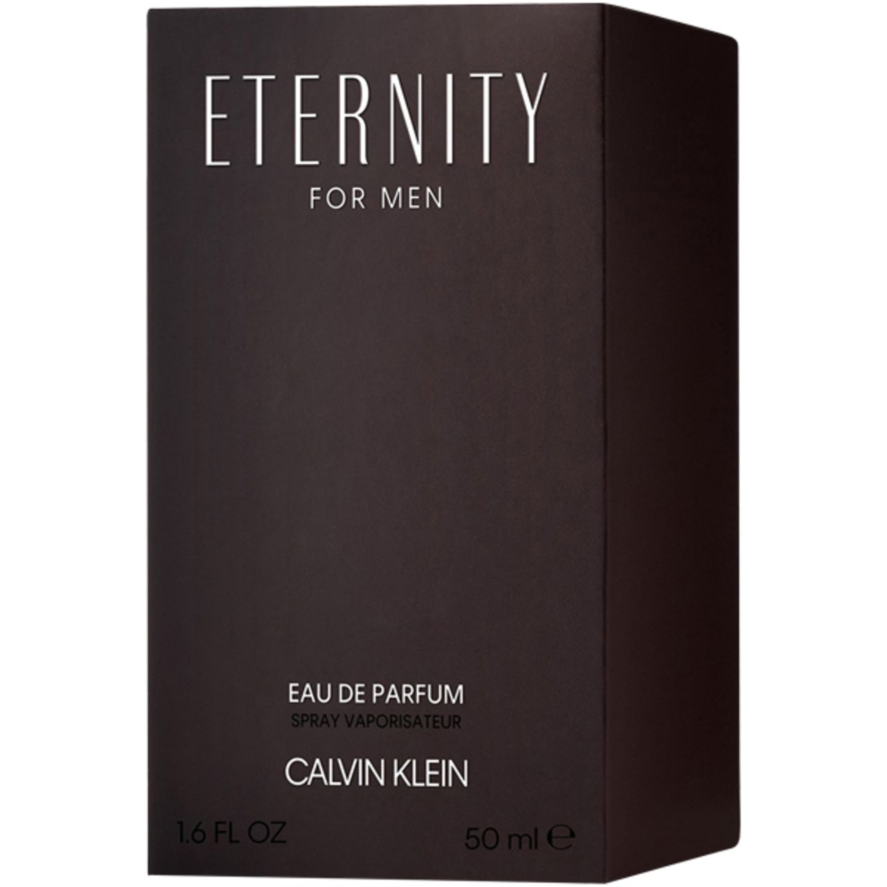 Flacone di profumo verde e confezione nera. Scritta: Eternity for Men, Eau de Parfum, Calvin Klein.