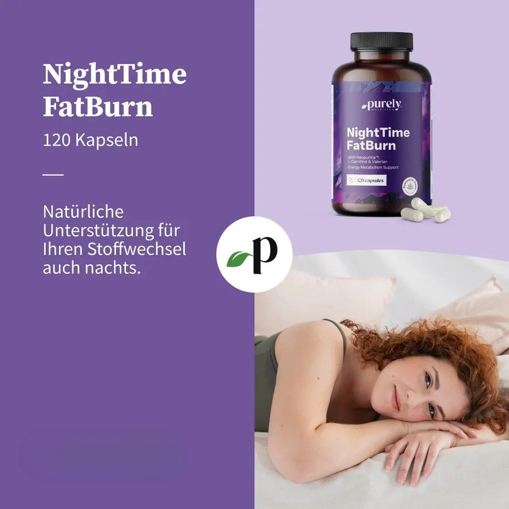 Pubblicità. Flacone NightTime FatBurn, 120 capsule. Donna a letto. Testo: Supporto naturale per il tuo metabolismo che funziona anche di notte.