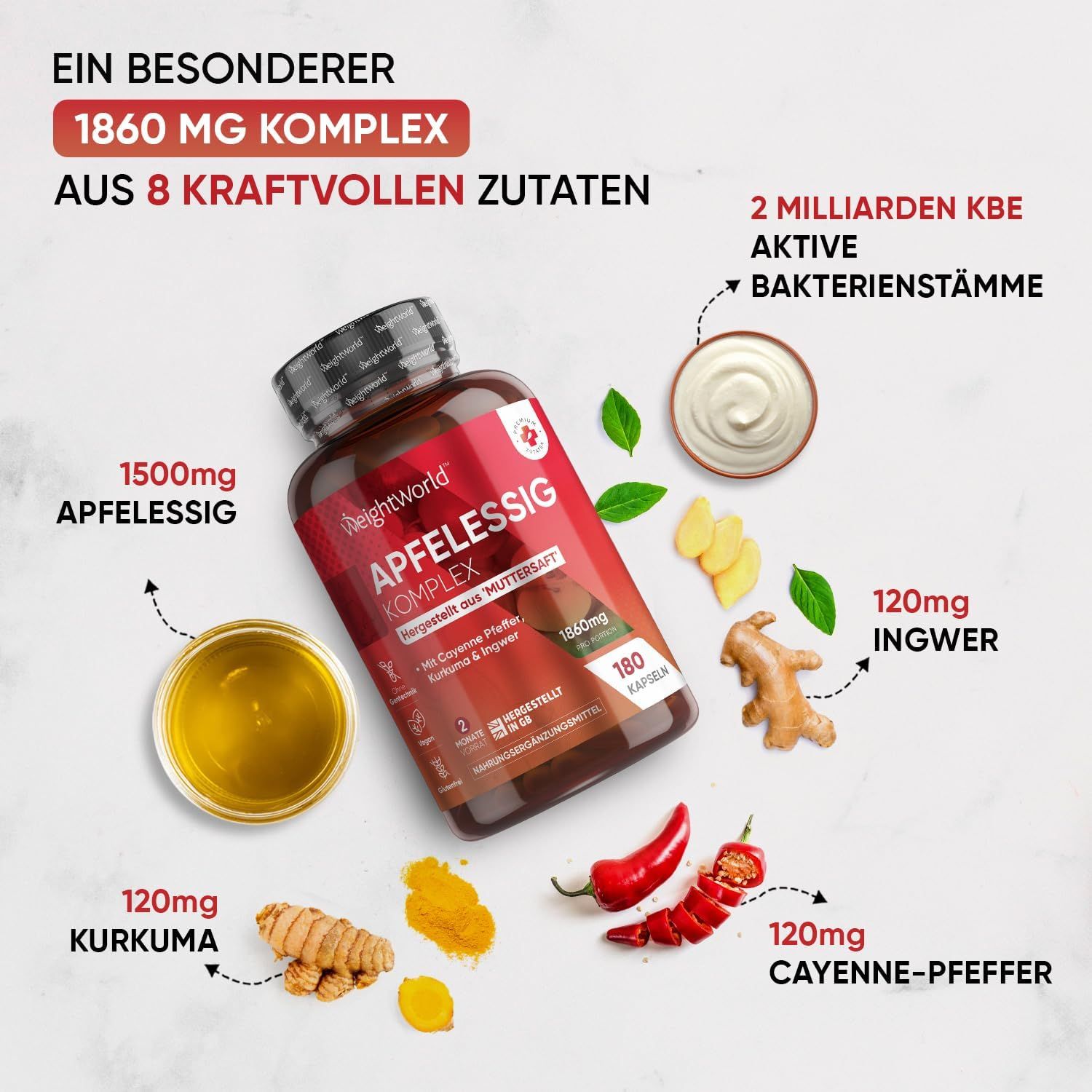 Flacone di prodotto Apfelessig Komplex. Ingredienti: aceto di mele, zenzero, curcuma, pepe di Cayenna. 180 capsule.