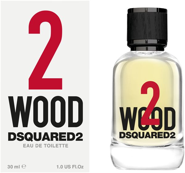 Flacone con "2 WOOD DSQUARED2". Sulla confezione "2 WOOD DSQUARED2 Eau de Toilette".