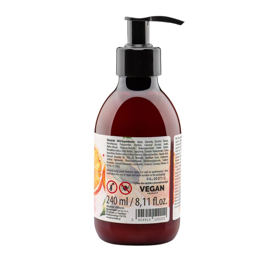 Retro del flacone con testo ed elenco ingredienti. Sigillo Vegan. Volume: 240 ml / 8,11 fl.oz.