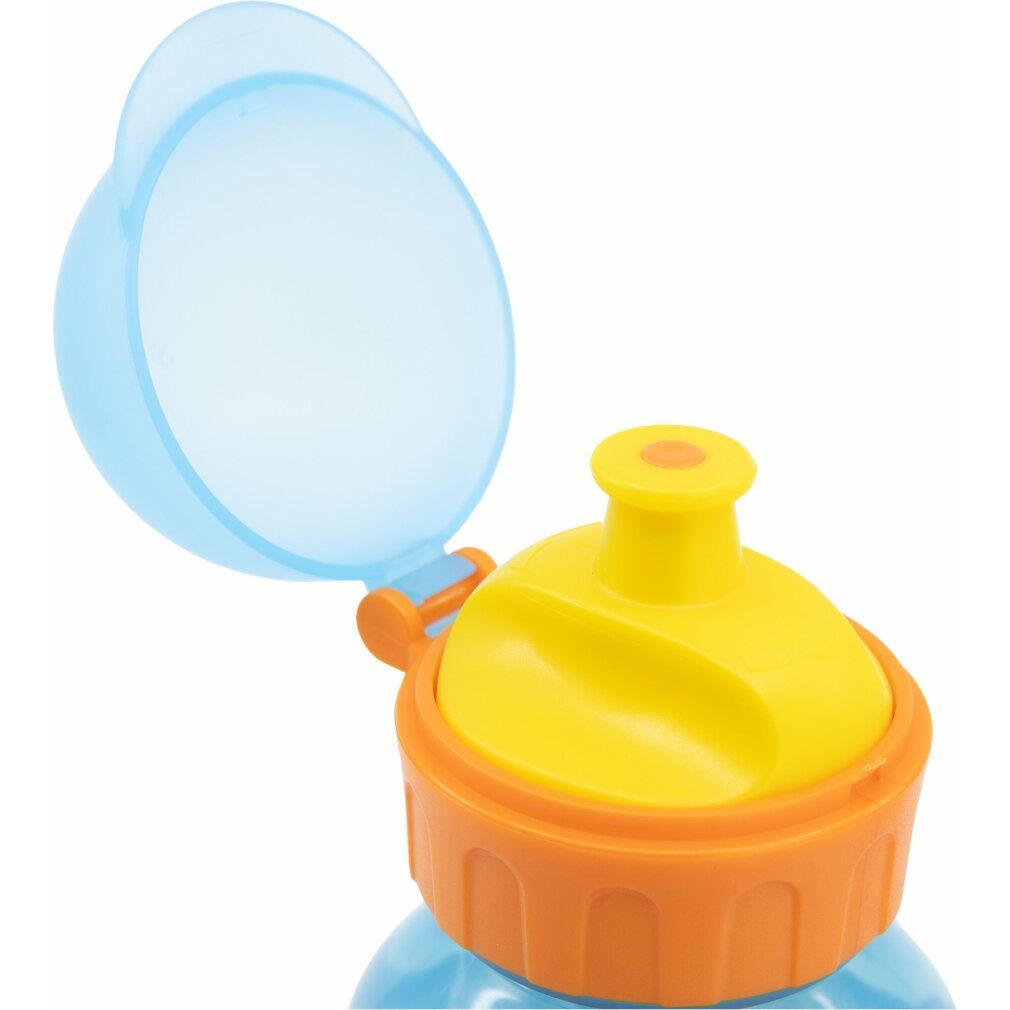 Primo piano di una borraccia blu. Coperchio blu aperto. Chiusura gialla con dettagli arancioni.