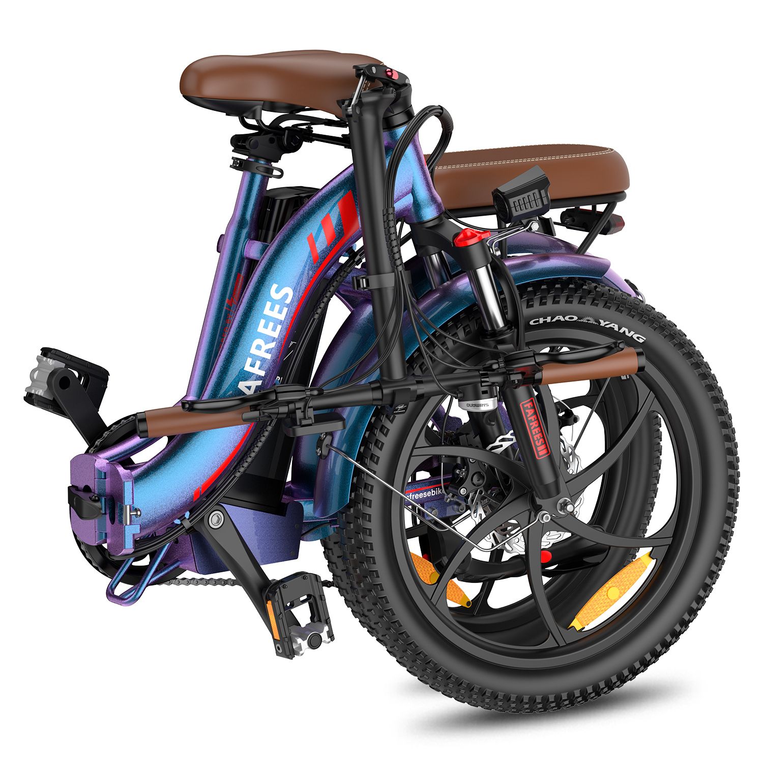 Bicicletta elettrica FAFREES F20 Pro blu piegata. Sella e manubrio marroni. Pneumatici neri.
