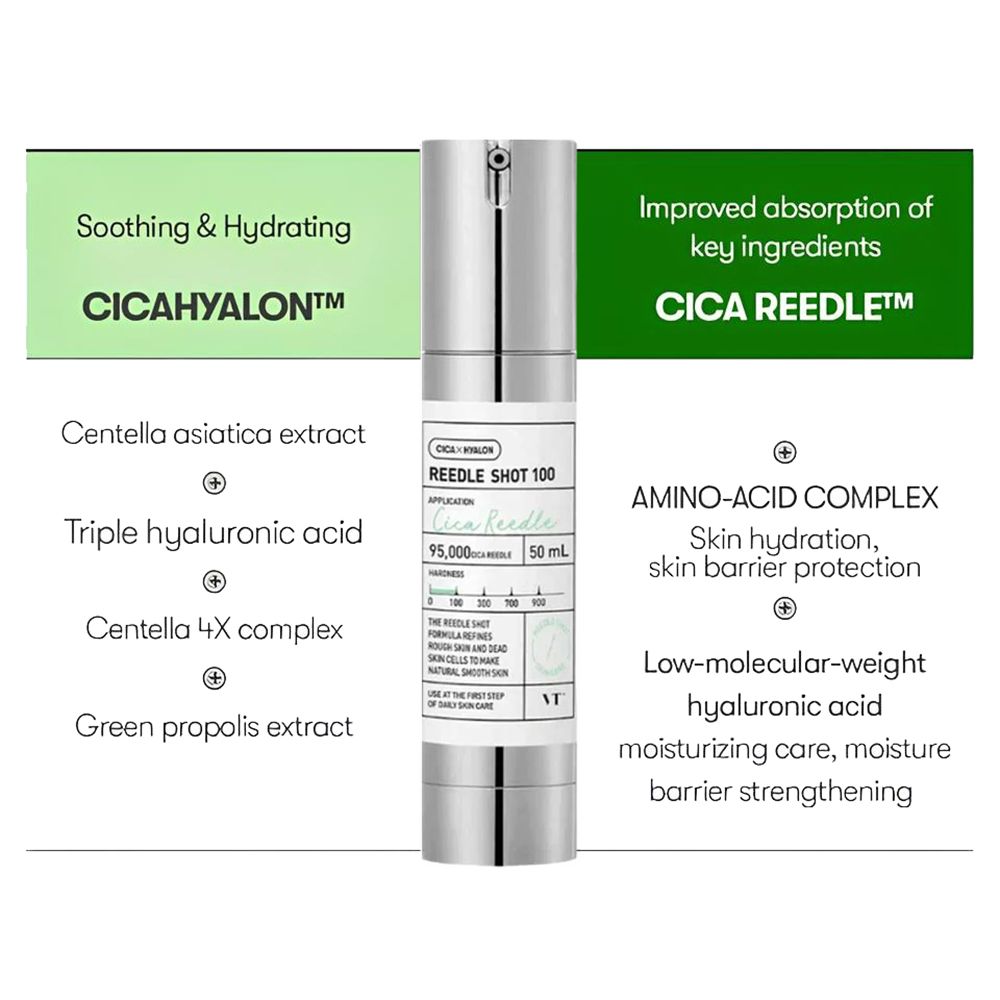 Flacone di siero con tappo argentato. Scritta: REEDLE SHOT 100, 50 ml. Testo sugli ingredienti.