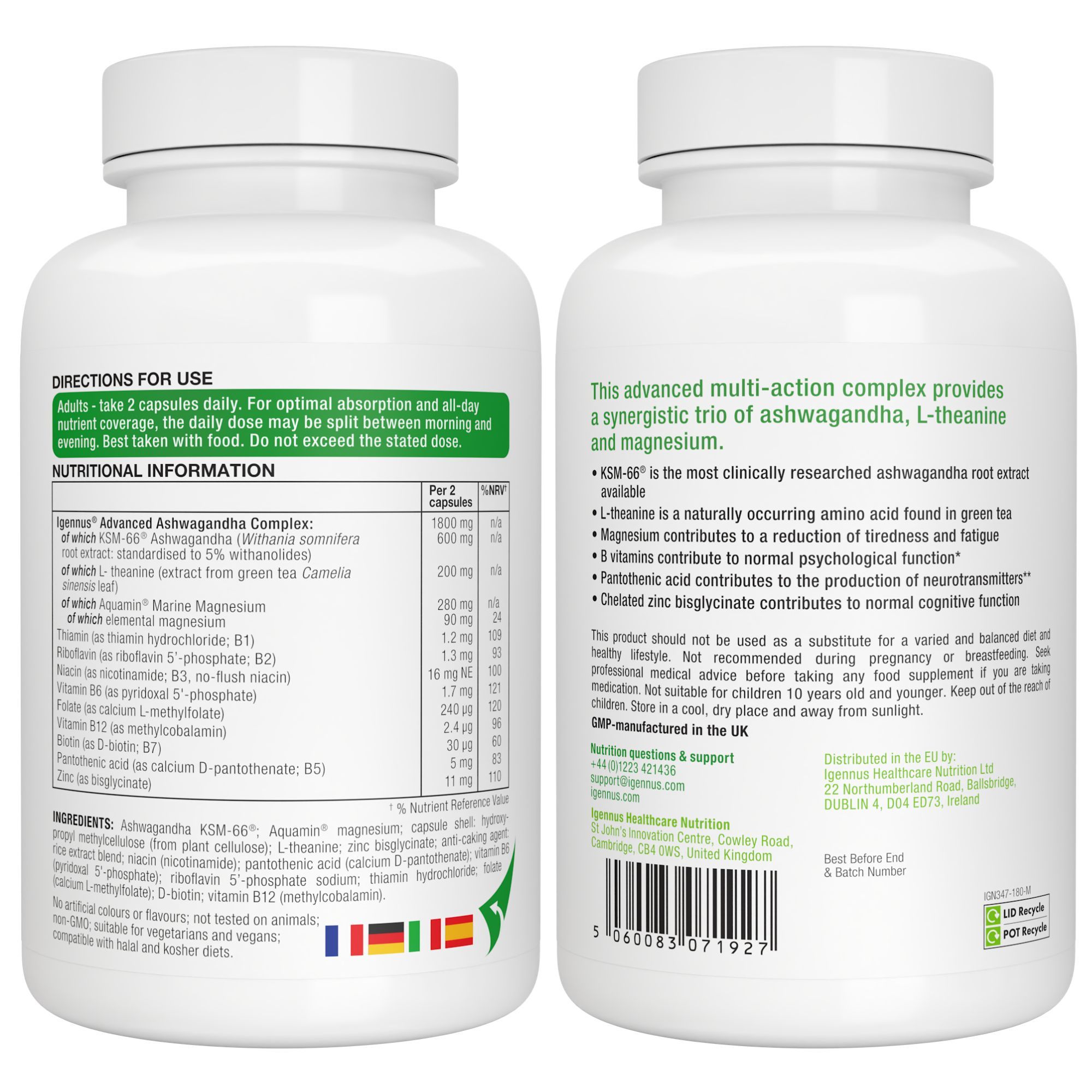 Due lati di un flacone. Testo: Igennus, Ashwagandha, L-Teanina & Magnesio. Ingredienti, istruzioni per l'uso, informazioni nutrizionali.