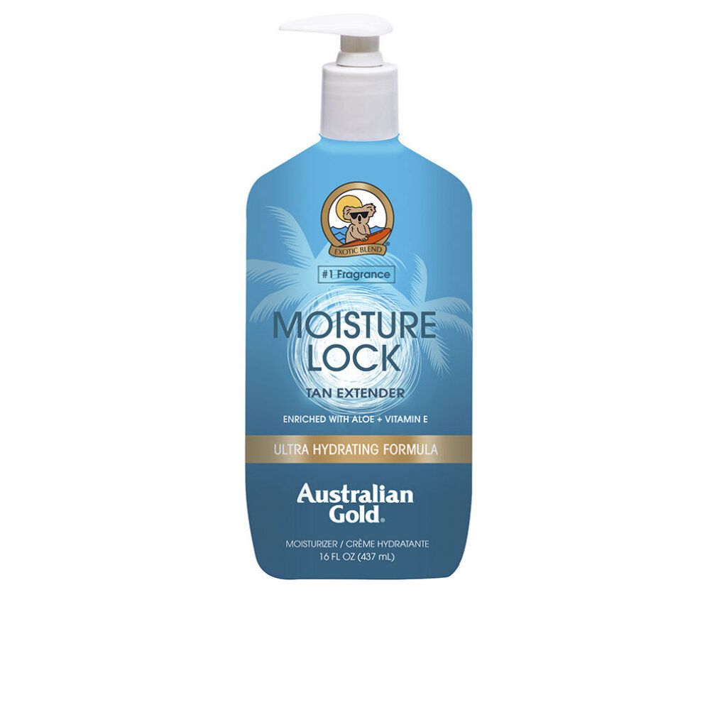 Flacone blu-turchese con dosatore. Scritta: Moisture Lock, Tan Extender, Australian Gold. Contiene aloe e vitamina E.