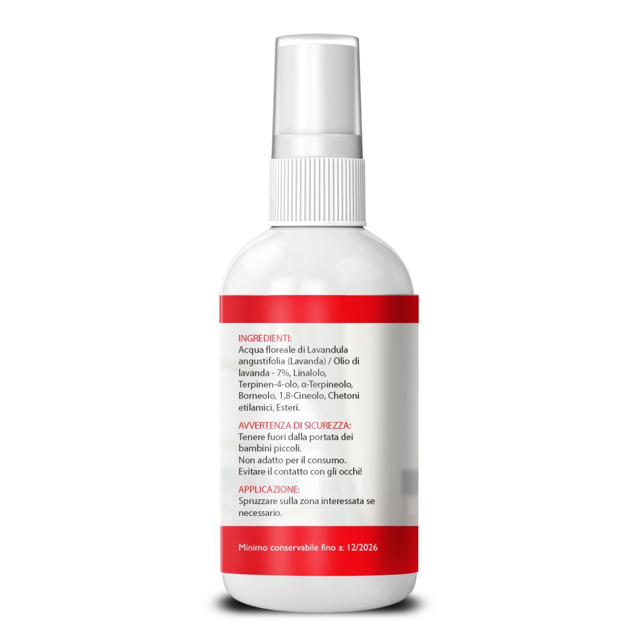 Flacone spray bianco con fascia rossa. Testo in italiano. Ingredienti e istruzioni per l'uso. Scadenza 12/2026.