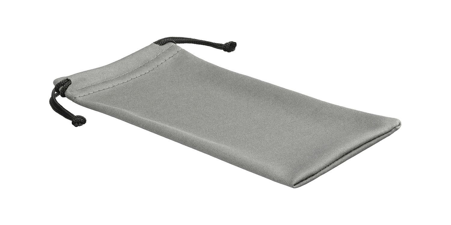 Custodia grigia in microfibra con coulisse nera. Vista obliqua.