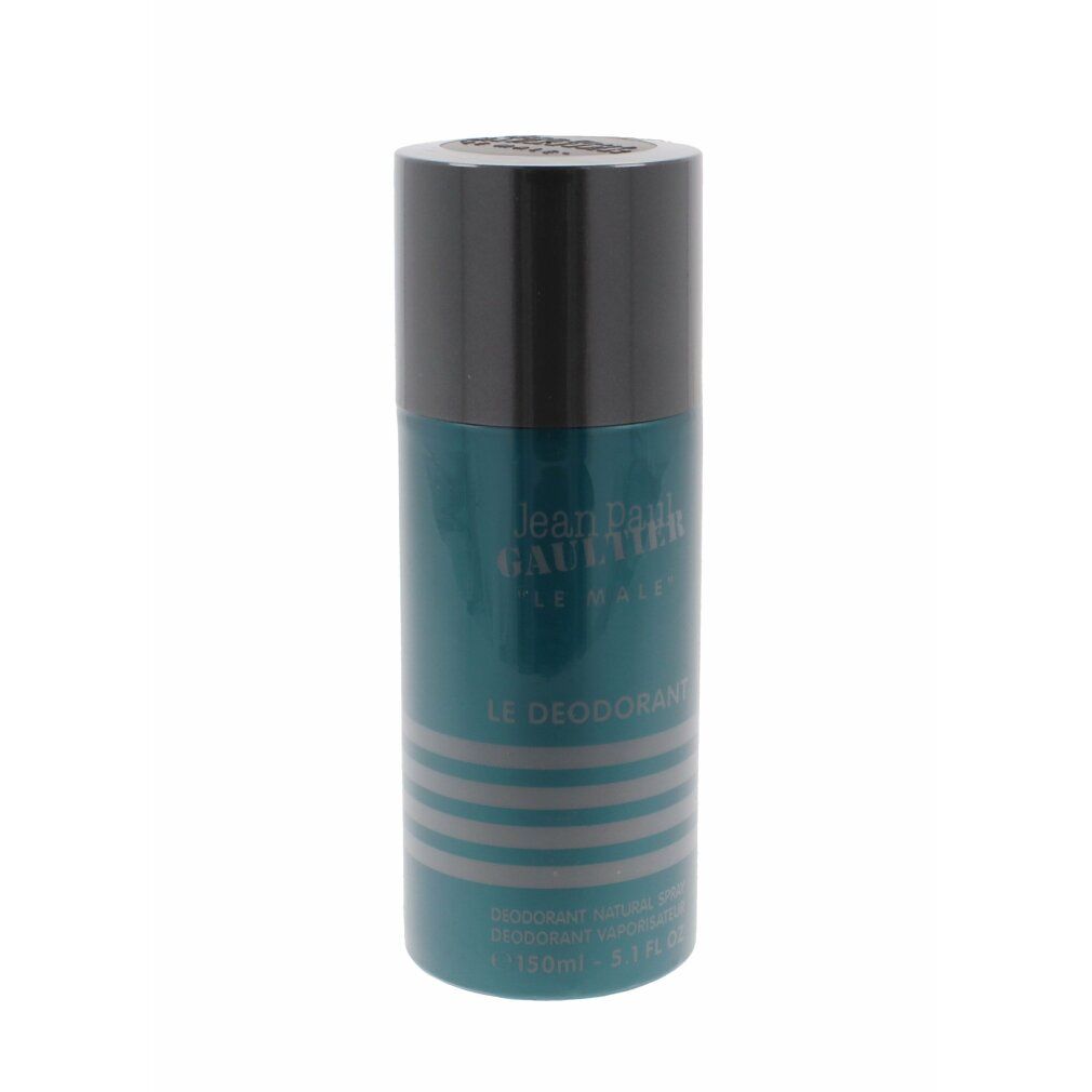 Flacone spray deodorante turchese. Tappo scuro. Testo: Jean Paul Gaultier, LE MALE, LE DEODORANT.