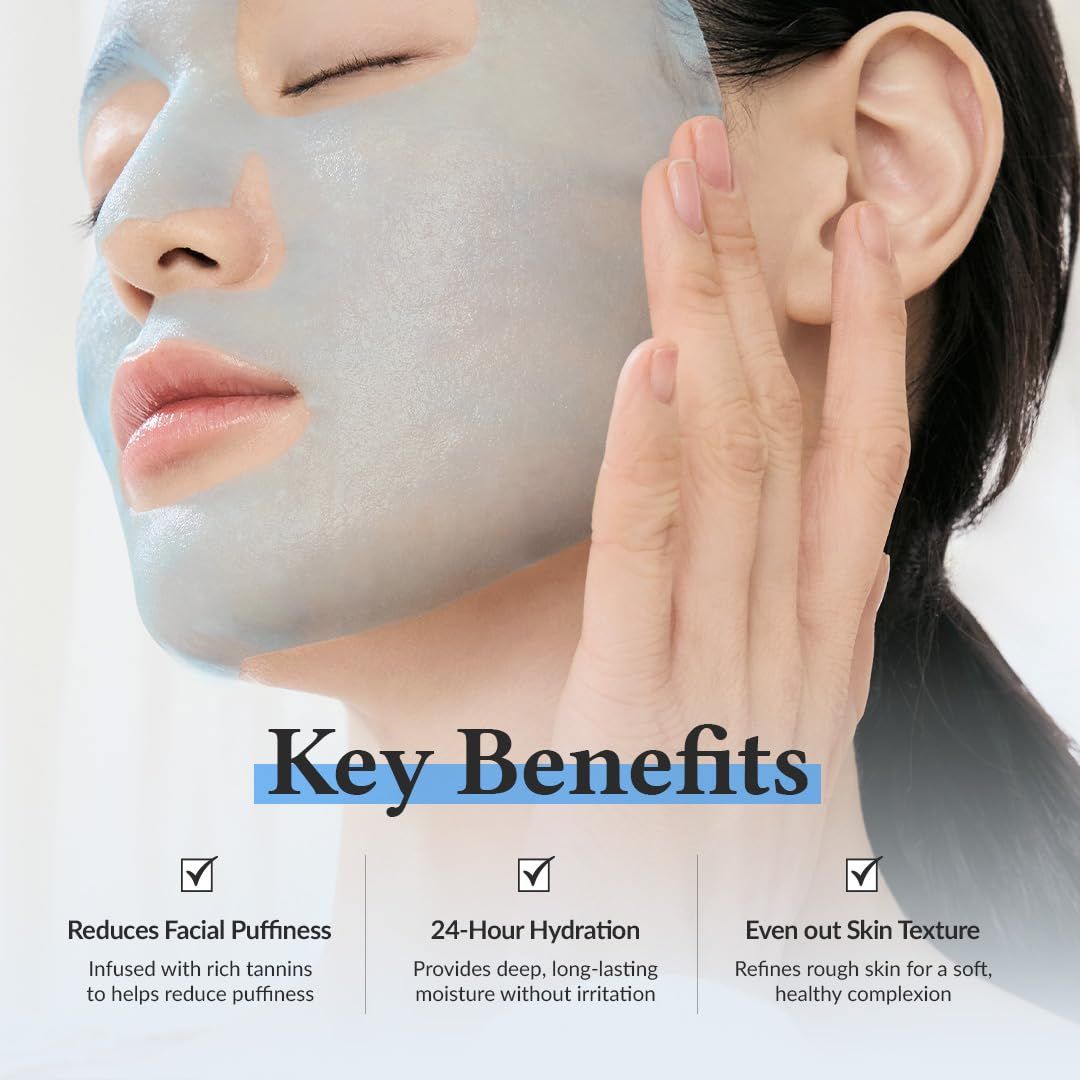 Persona con maschera sul viso. Testo: Key Benefits. Riduce il gonfiore, idratazione 24 ore, leviga la grana della pelle.