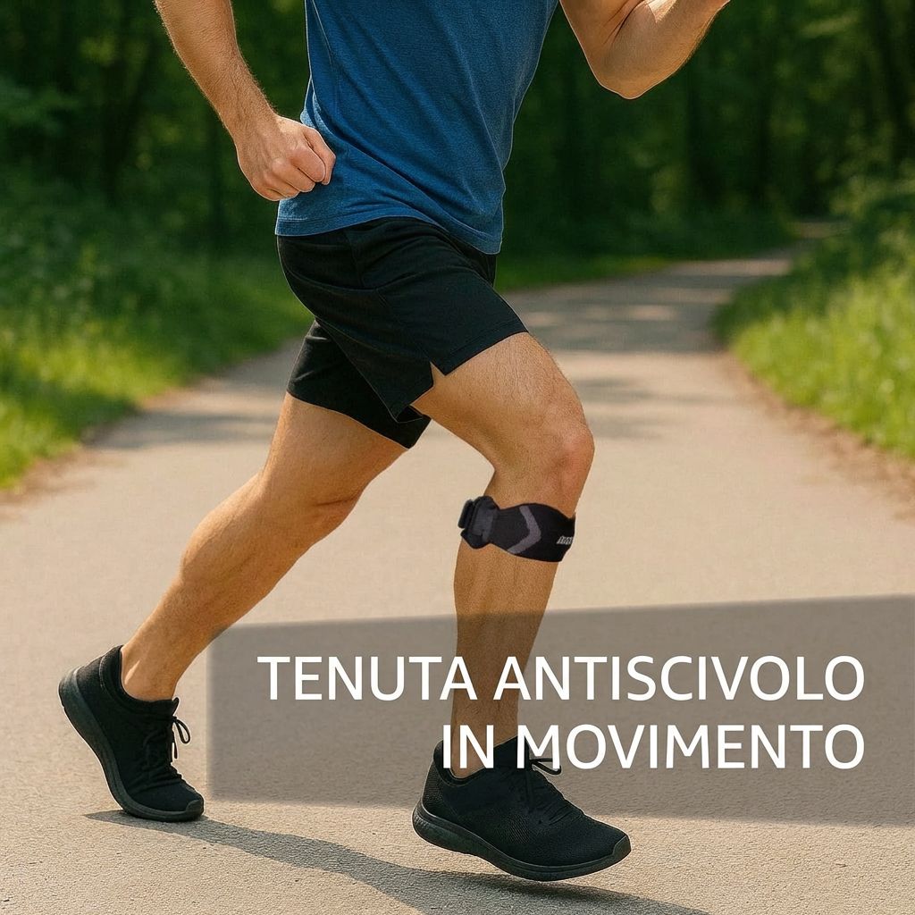 Uomo che corre con ginocchiera. Testo: TENUTA ANTISCIVOLO IN MOVIMENTO. Ginocchiera.
