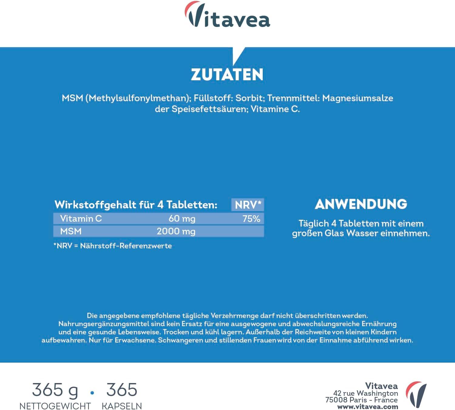 Elenco ingredienti e istruzioni per l'uso. Contiene MSM, vitamina C. Uso: 4 compresse al giorno con acqua.