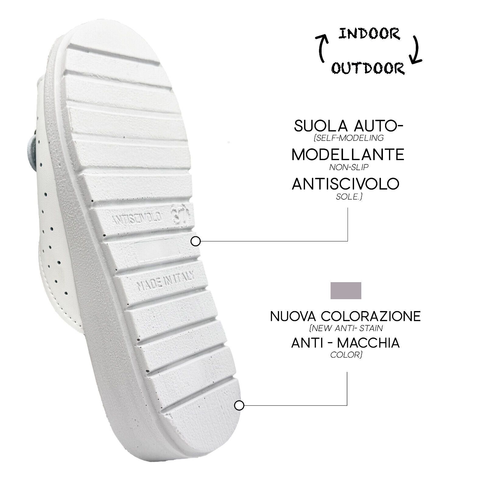 Suola di un sandalo bianco. Testo: 'Suola auto-modellante', 'Antiscivolo', 'Made in Italy'.