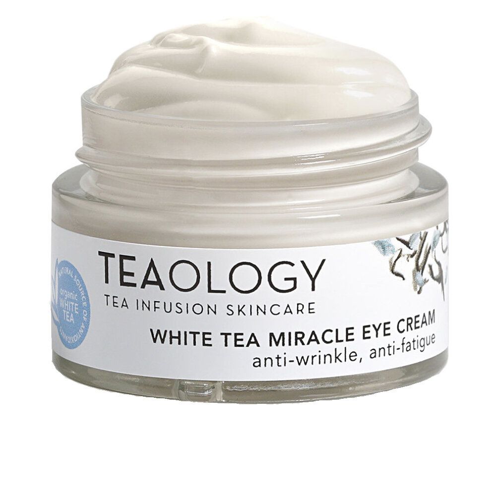 Vasetto di vetro con crema bianca. Scritta: TEAOLOGY, White Tea Miracle Eye Cream. Coperchio in vetro.