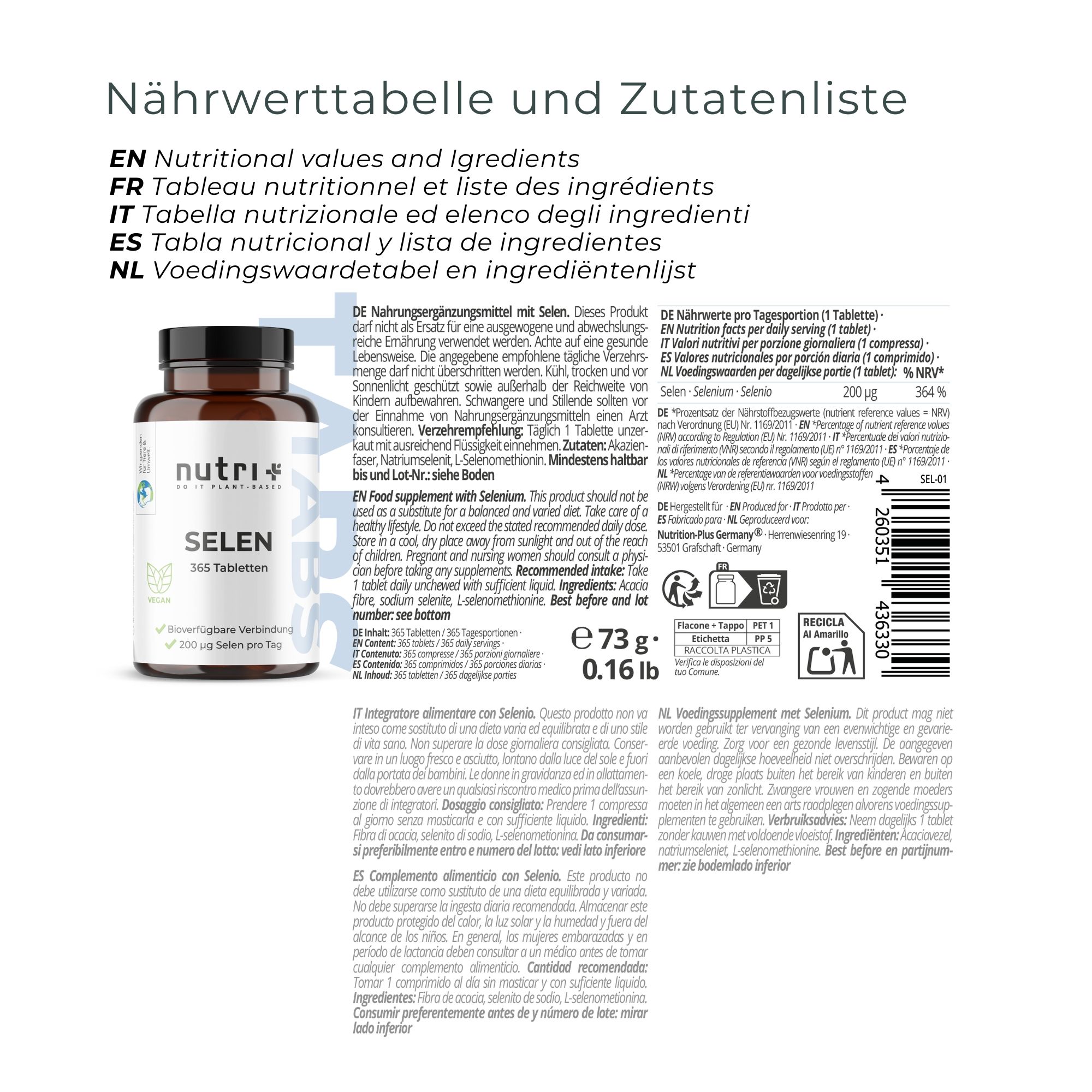 Etichetta con informazioni prodotto. Scritta: nutri+ SELEN. 180 compresse. Tabella nutrizionale e lista ingredienti.