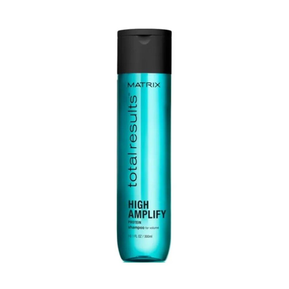 Shampoo Matrix Total Results High Amplify. Flacone blu con tappo nero. Scritte: Matrix, Total Results, High Amplify.