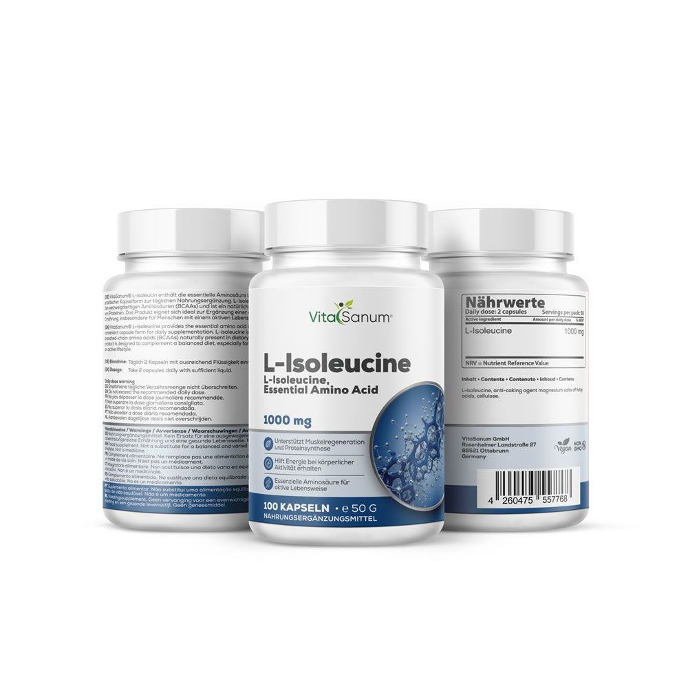 Tre flaconi bianchi VitaSanum L-Isoleucina. Scritta 1000 mg, 100 capsule. Etichetta blu con grafica molecolare.
