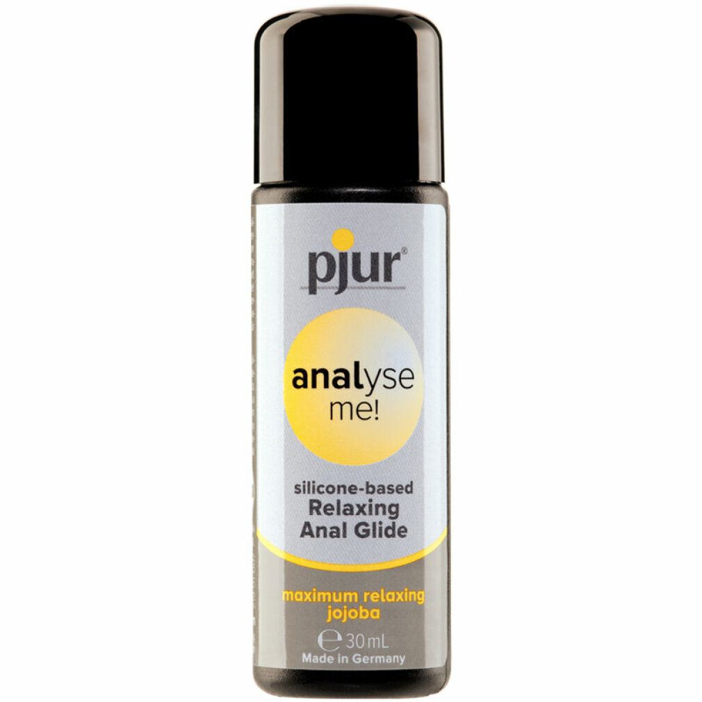 pjur Analyse me! Gel lubrificante anale, flacone con tappo nero. Scritta: silicone-based Relaxing Anal Glide, jojoba.