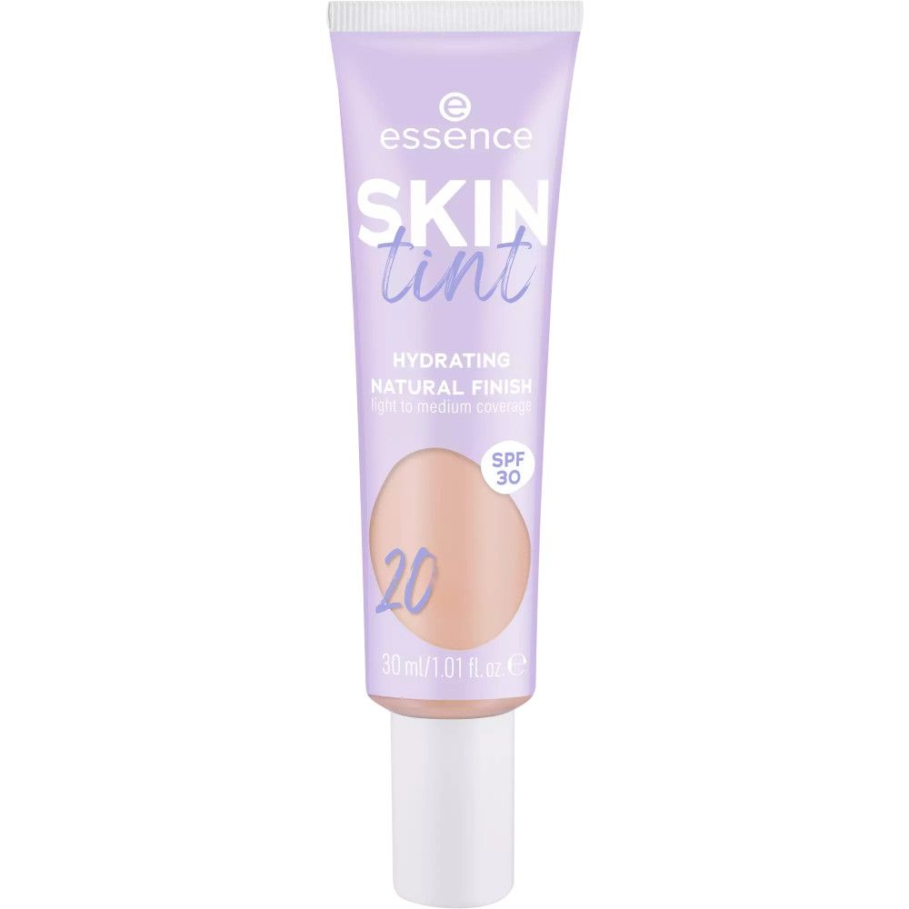 Fondotinta Skin Tint in tubo lilla. Contiene SPF 30. Scritta: SKIN tint, 20. 30 ml/1.01 fl. oz.