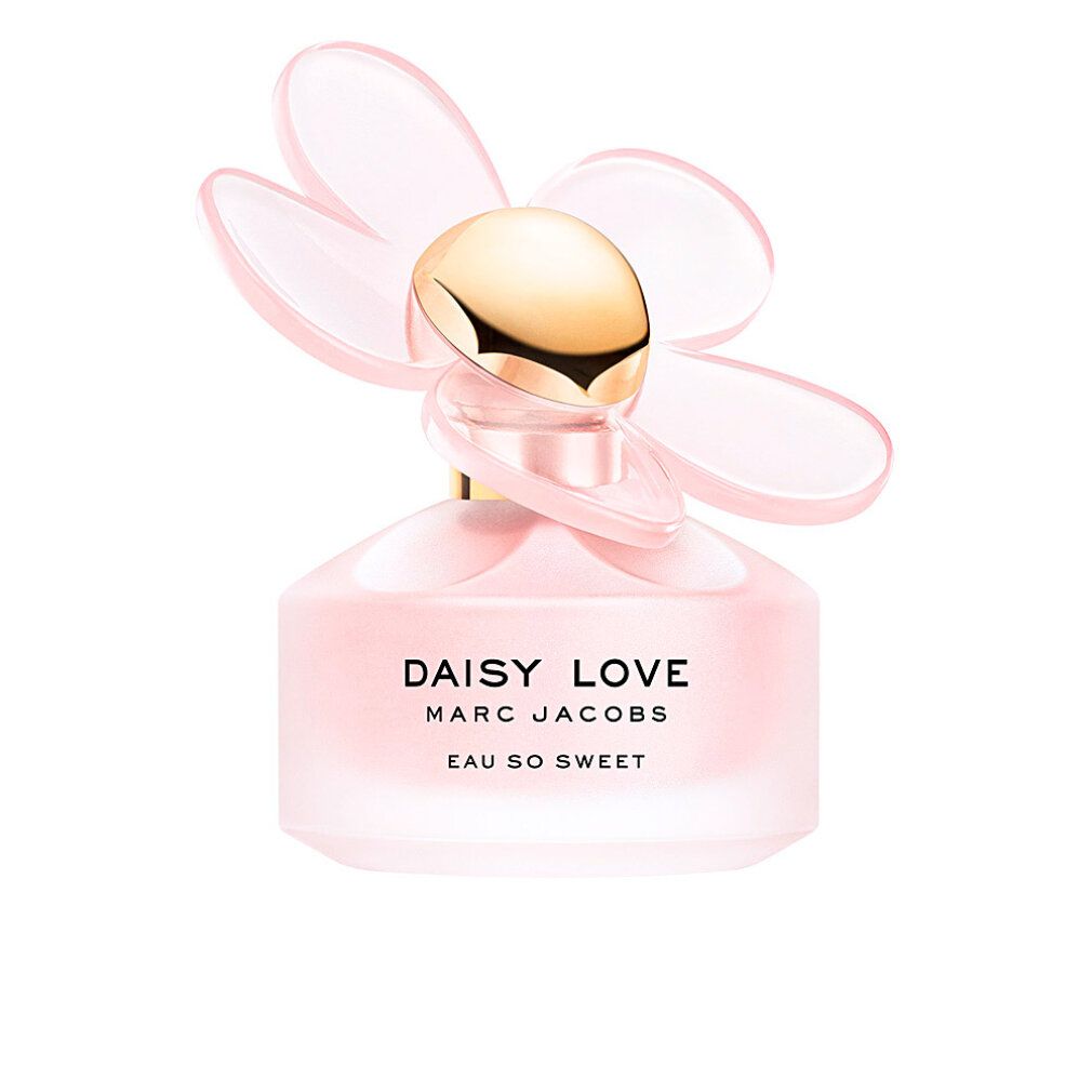 Flacone di profumo rosa, tappo dorato e coperchio a forma di fiore. Scritta: Daisy Love, Marc Jacobs, Eau So Sweet.
