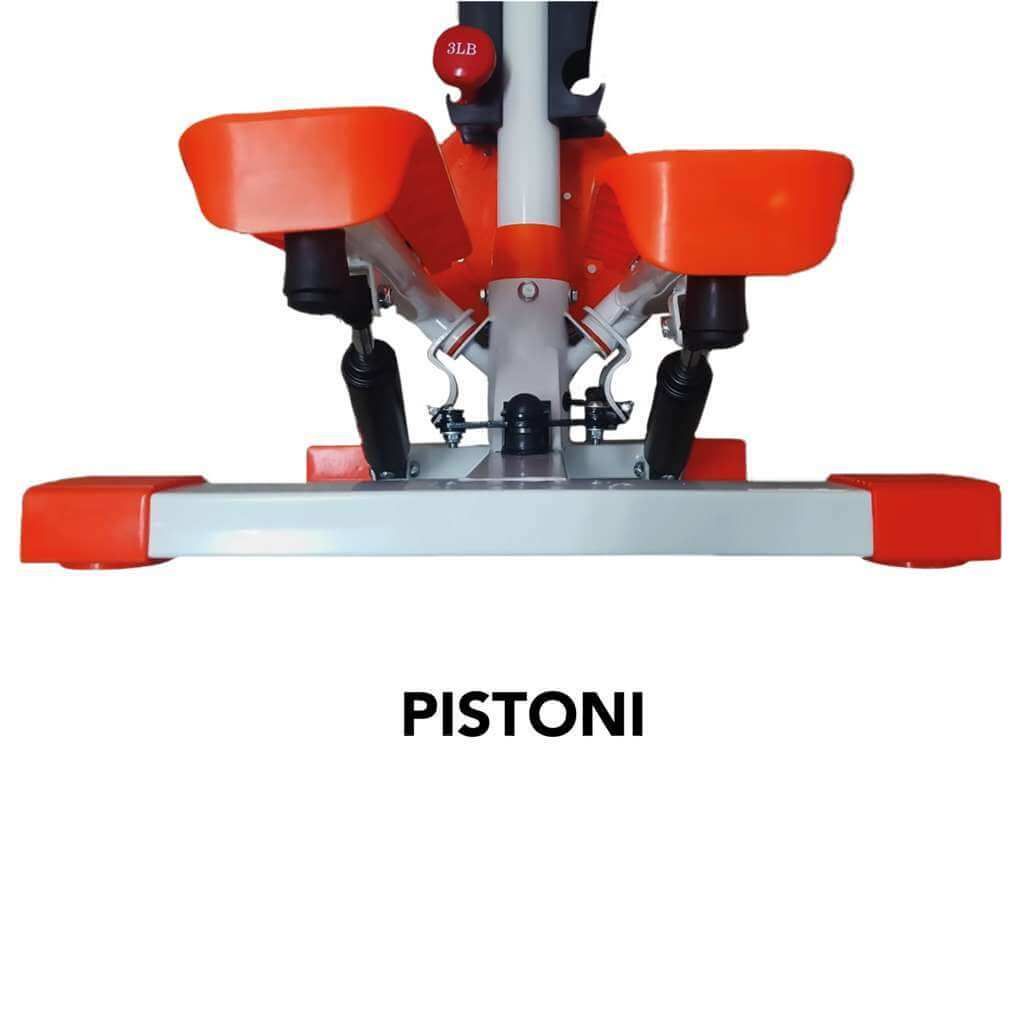 Stepper fitness con pistoni. Pedane arancioni. Testo: PISTONI. Base grigia, ammortizzatori neri.