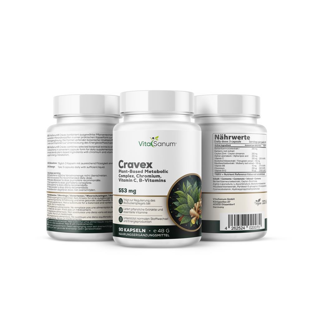 Tre barattoli di capsule VitaSanum Cravex, 553 mg, 90 capsule per barattolo.