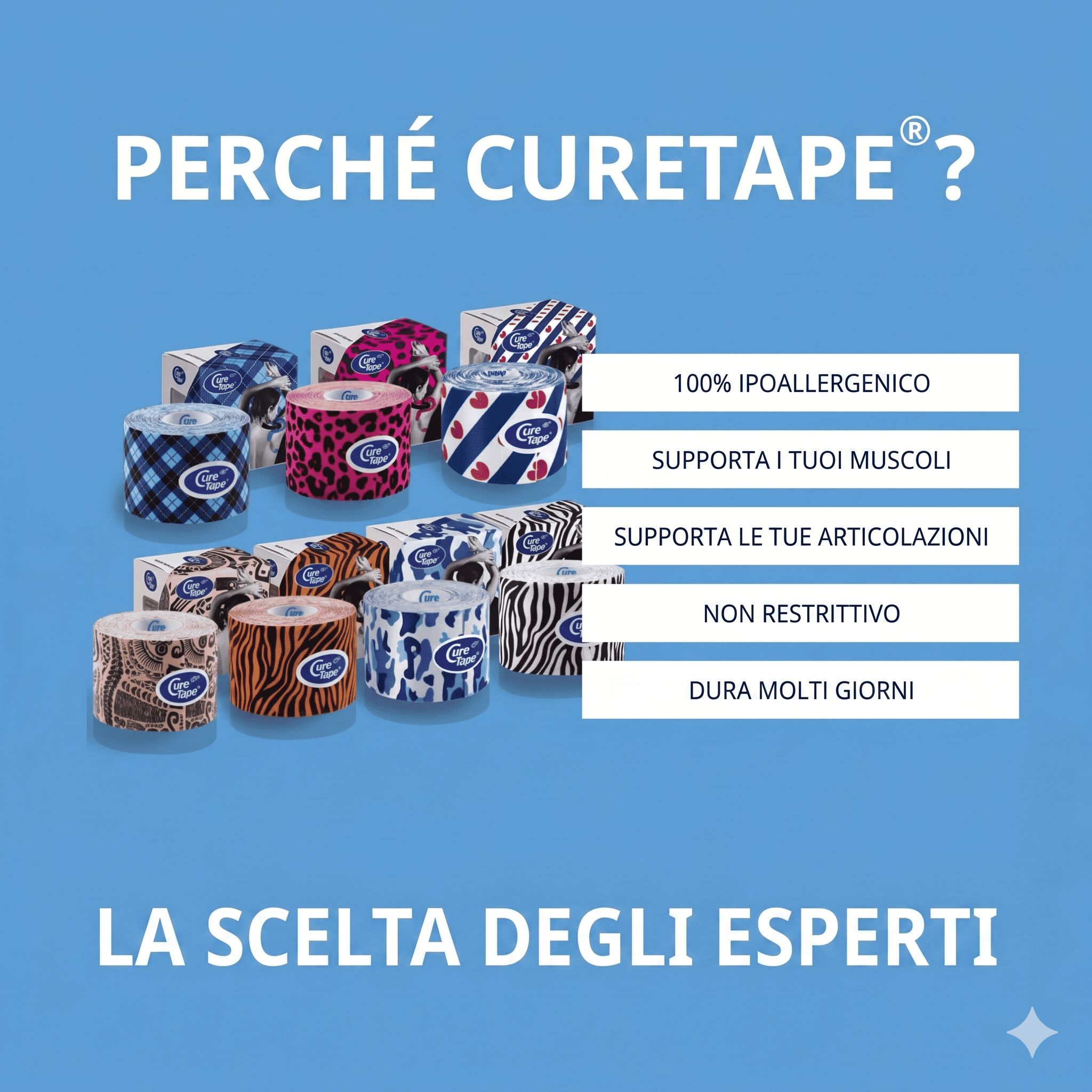 Kinesio tape con motivo tartan, applicato su un ginocchio, vista laterale.