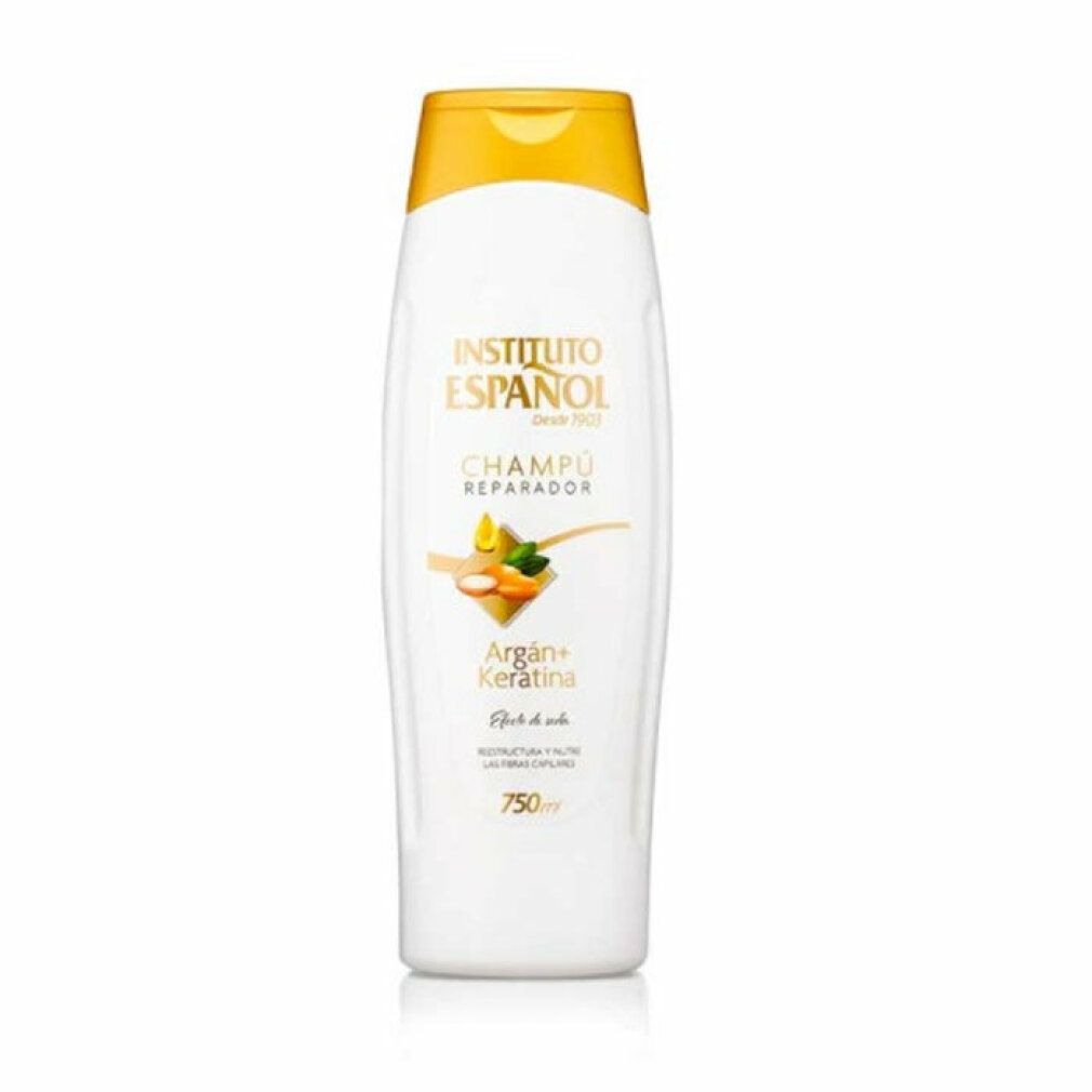 Flacone di shampoo bianco con tappo giallo. Scritta: Instituto Español, Champú Reparador, Argan + Keratina, 750ml.