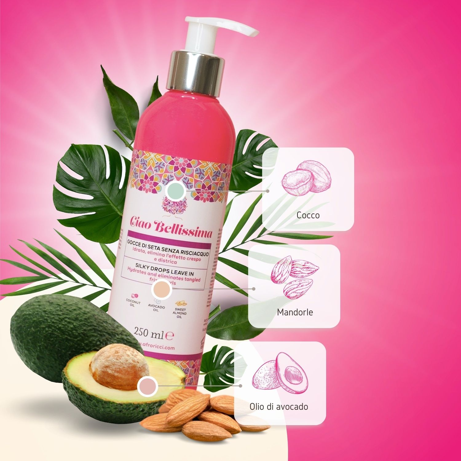 Flacone rosa con dosatore. Scritta: Ciao Bellissima, Gocce di seta senza risciacquo. 250 ml. Illustrazioni.