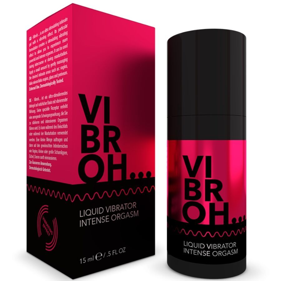 Vibratore liquido Vibroh 15 ml in flacone nero con fascia rosa, accanto alla sua confezione.