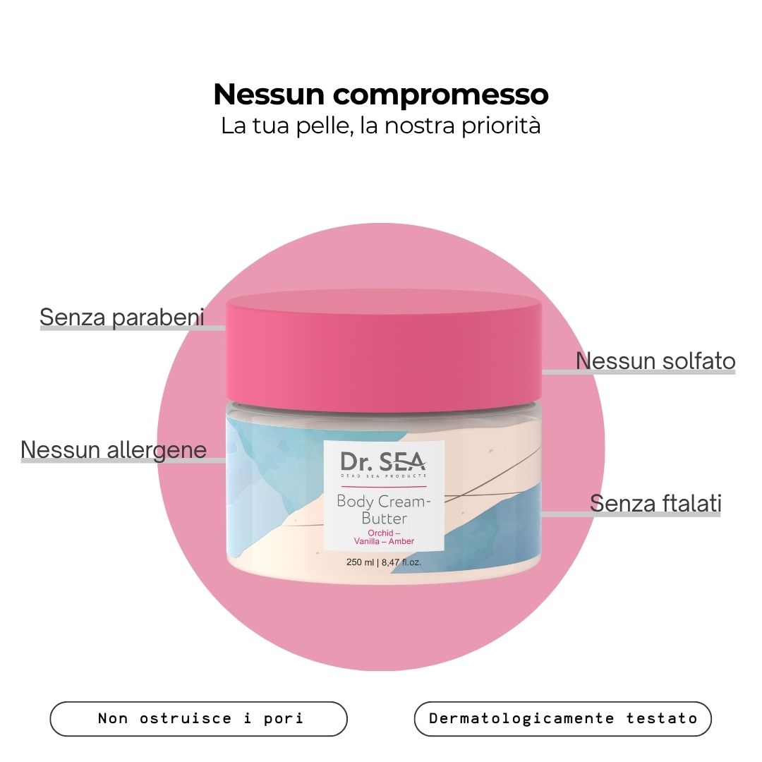 Barattolo di crema-burro con coperchio rosa. Testo: Senza parabeni, Senza solfati, Senza allergeni, Senza ftalati.