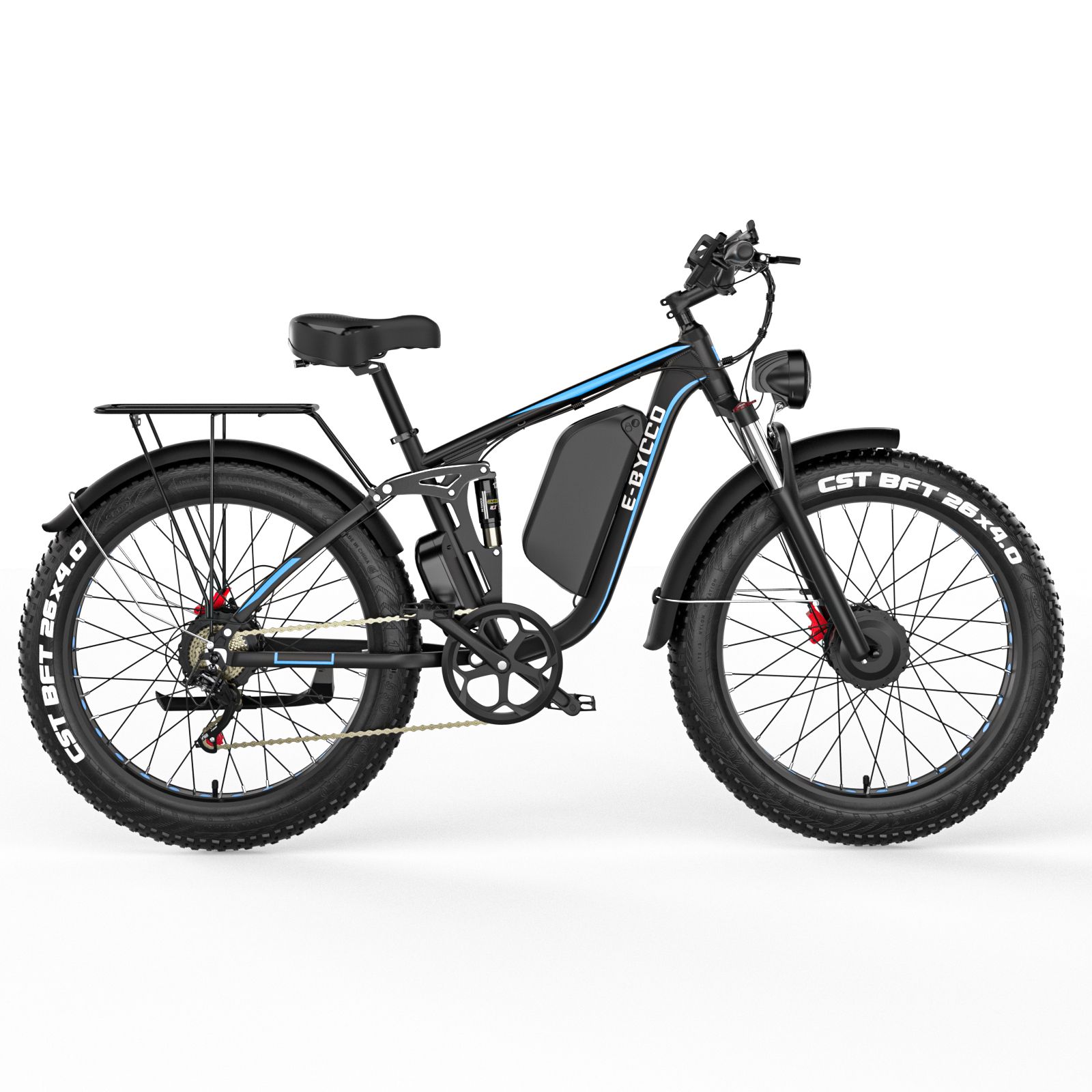 E-bike nero con pneumatici larghi. Vista laterale. Portapacchi, batteria, sella, pneumatici CST BFT.
