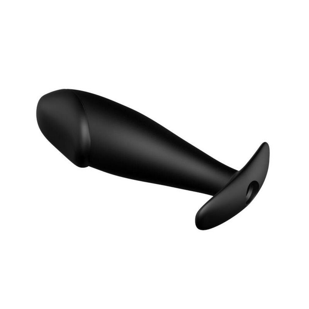 Plug anale nero, angolato, con estremità arrotondata e base forata.