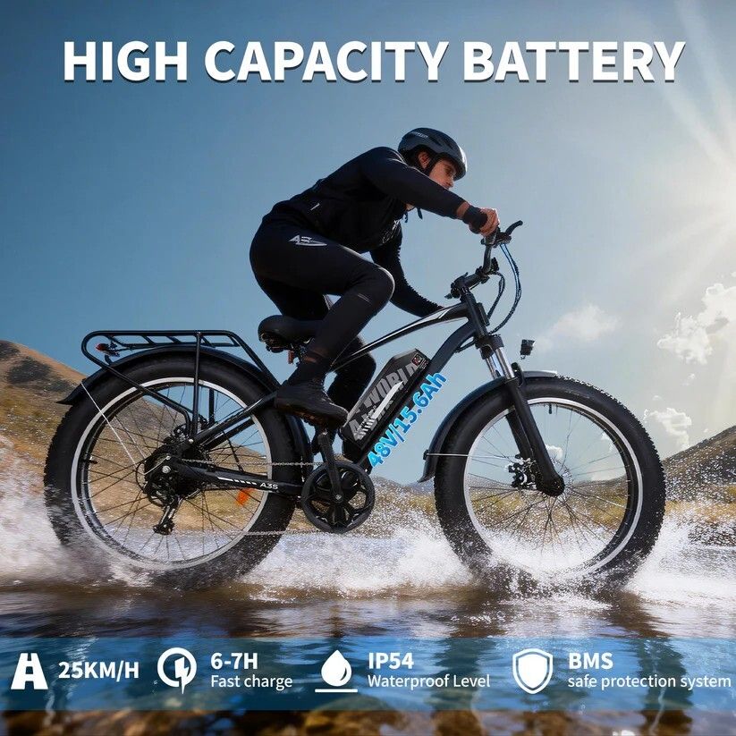 Persona in bicicletta elettrica nell'acqua. Testo: High Capacity Battery, 48V 13Ah, IP54, 25km/h, 6-7H Fast charge, BMS.