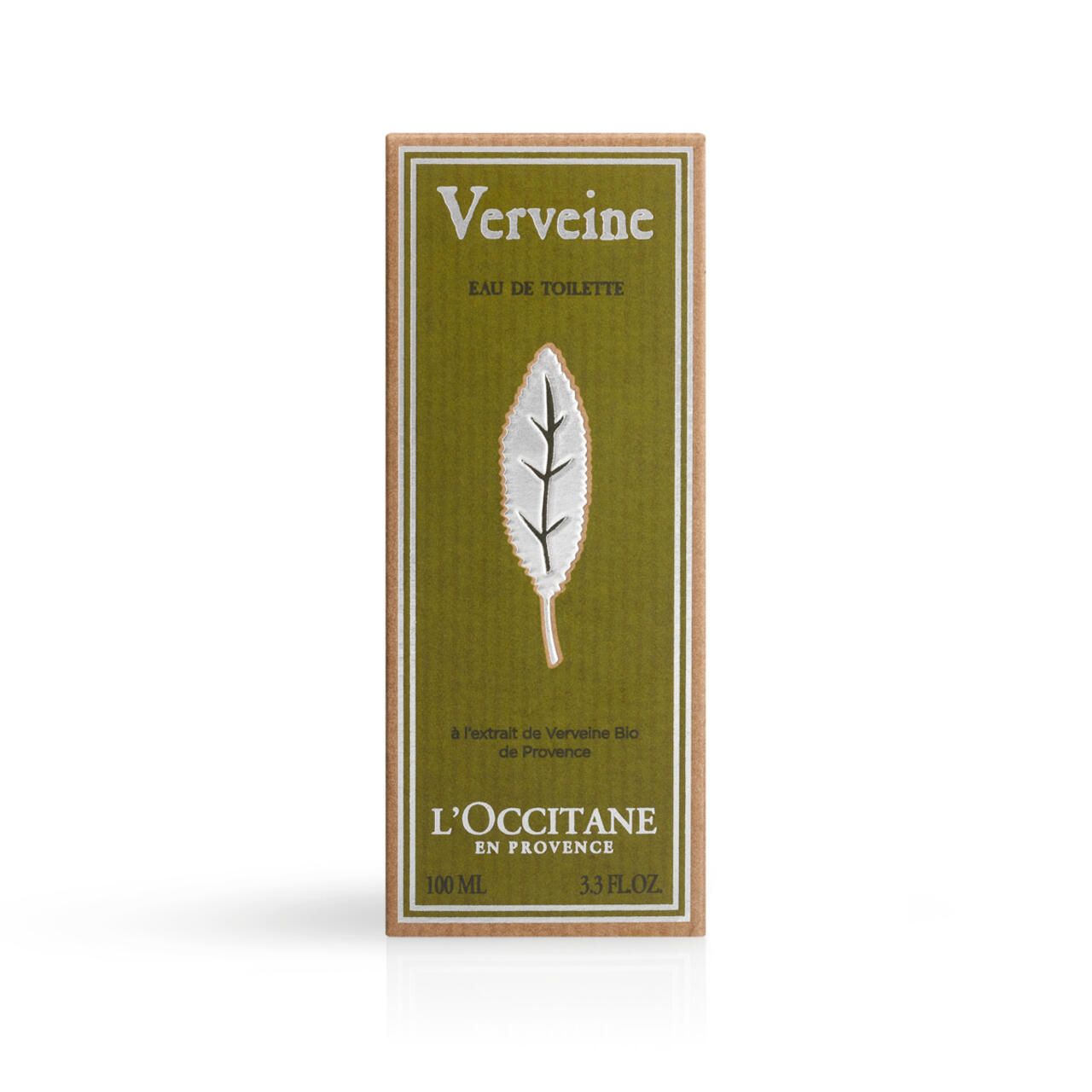 Confezione con sfondo verde e motivo a foglia. Scritta 'Verveine Eau de Toilette' e 'L'Occitane'.