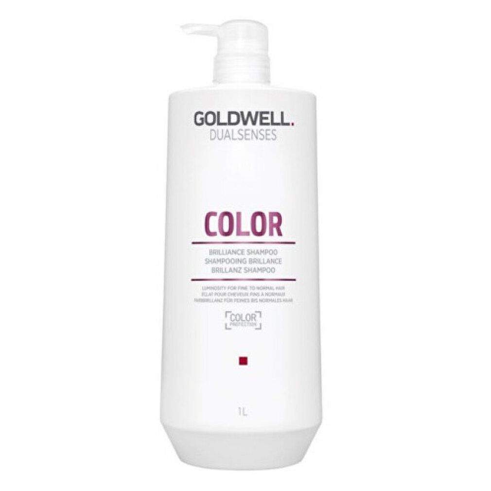 Flacone bianco Goldwell Dualsenses Color Brilliance Shampoo con dosatore. Testo: COLOR, Brilliance Shampoo. 1L.