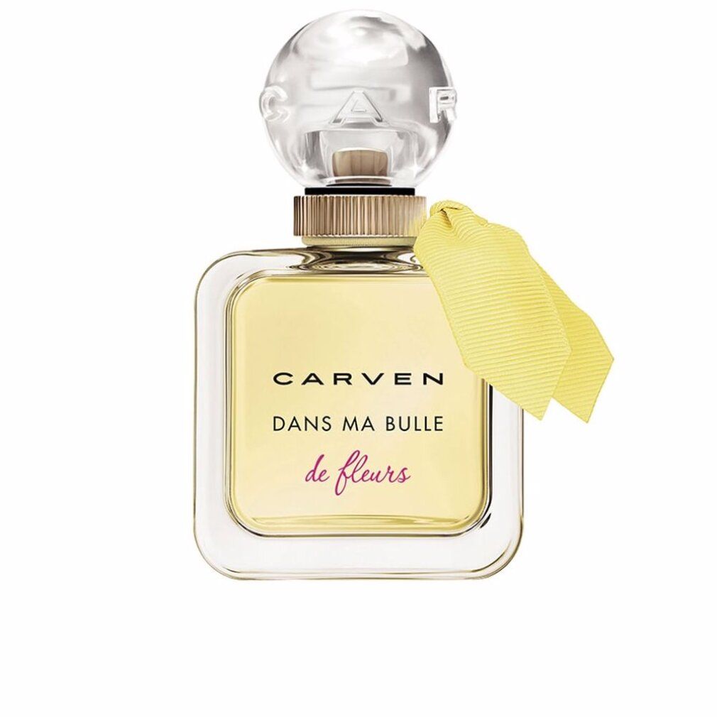 Flacone quadrato in vetro con liquido giallo. Scritta: CARVEN, DANS MA BULLE de fleurs. Fiocco giallo sul collo.