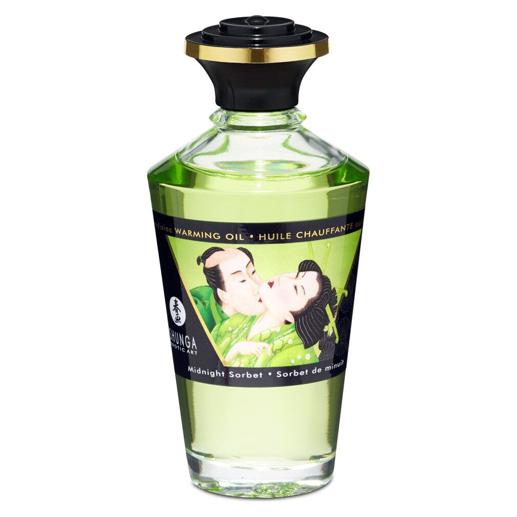 Flacone di vetro verde con etichetta nera. Scritta: Shunga, Warming Oil. Illustrazione di una coppia. Midnight Sorbet.