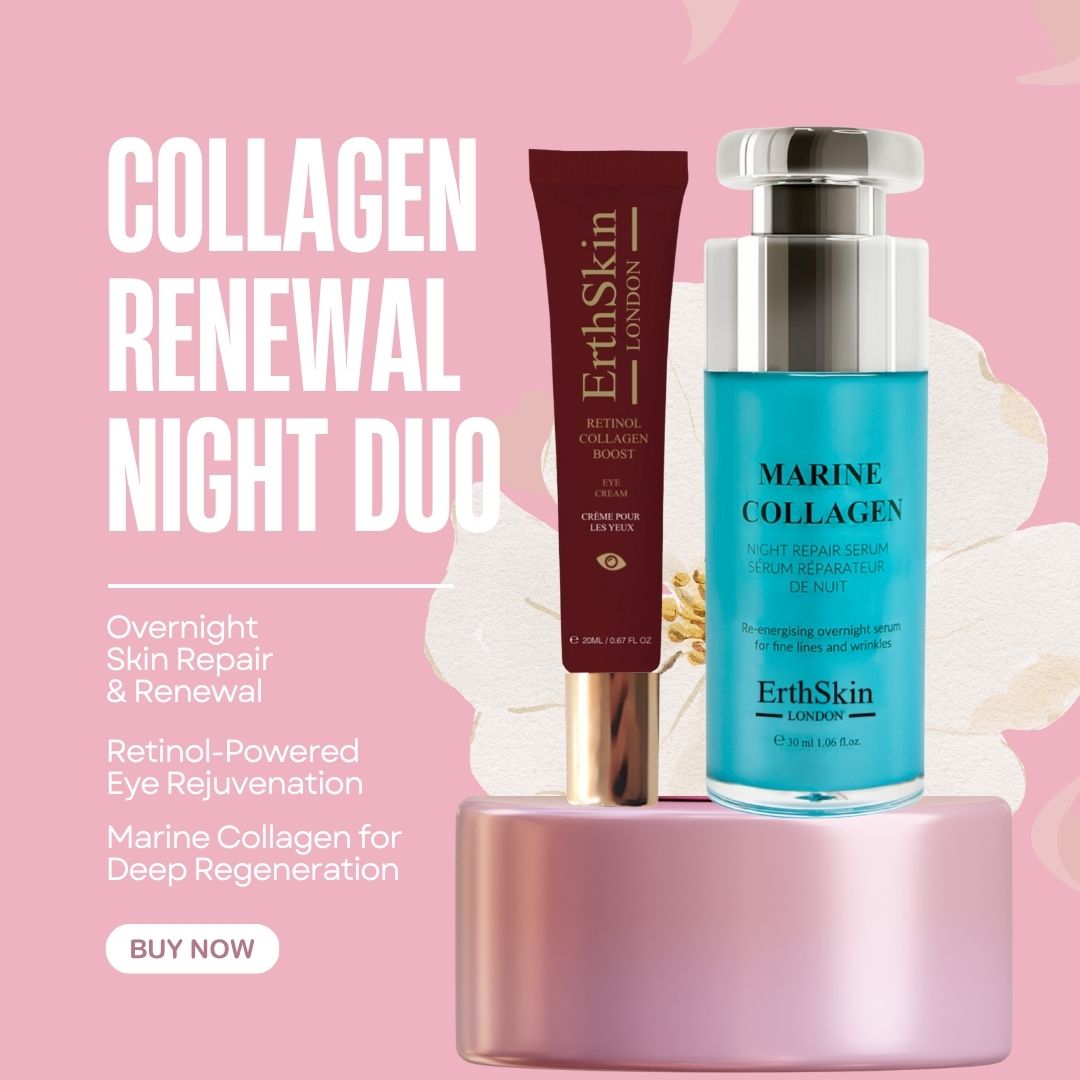 Duo di prodotti su piedistallo. Crema occhi in tubo, siero in flacone. Testo: Collagen Renewal Night Duo, Marine Collagen, Retinol.