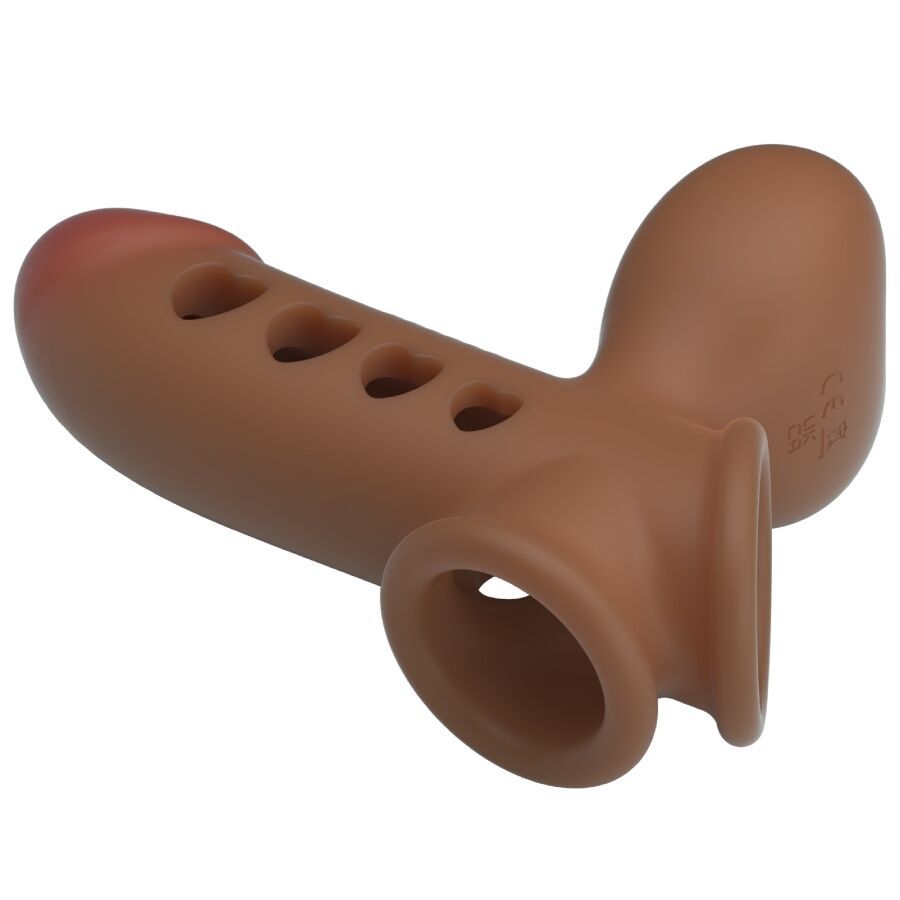 Anello per pene marrone con intagli a forma di cuore e dettaglio a cuore. Marchio CE visibile.